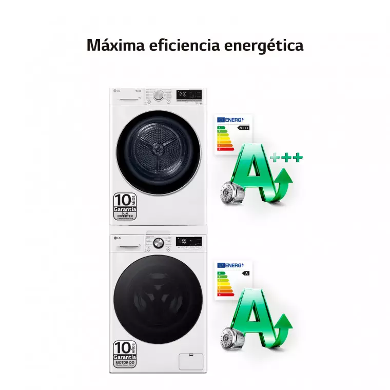 LG Outlet Torre de Lavado, Blanca, Lavadora inteligente 9kg, 1400rpm, 10% más eficiente que A + Secadora 9kg, A+++, TORRE0909PR.OUTLET